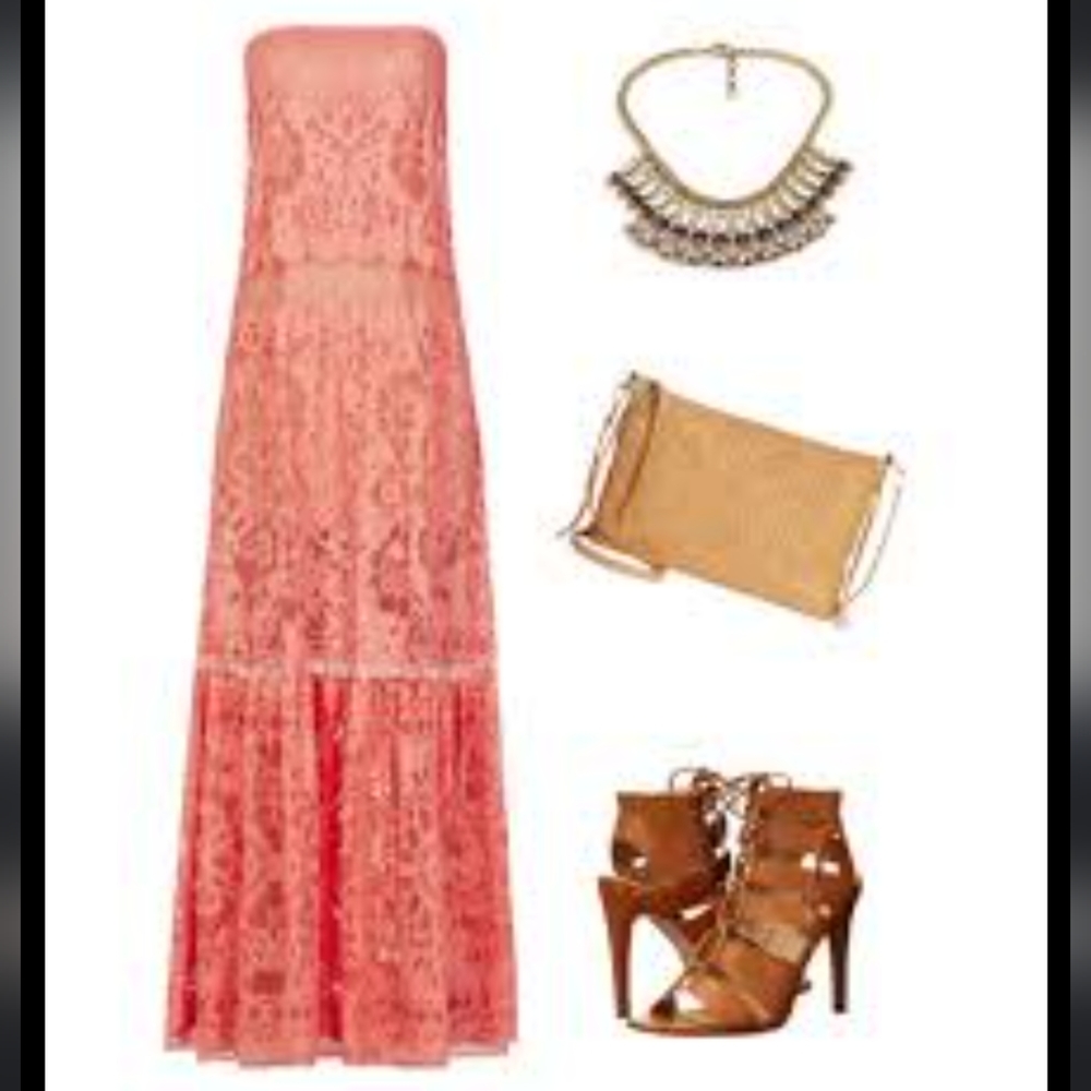 BCBG Bohemian Choral Pink Strapless Lace Maxi Dress